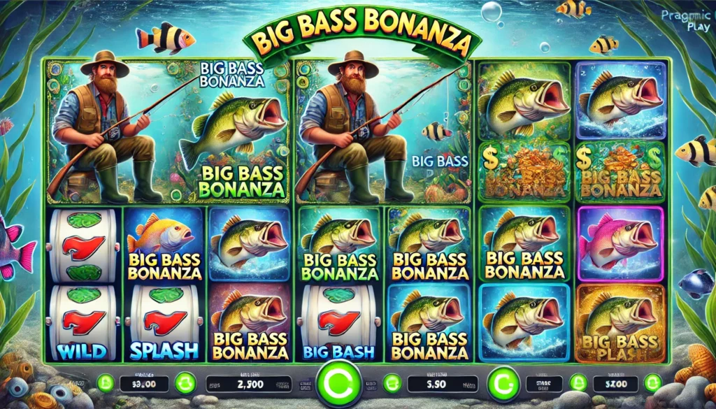 Pragmatic Play'in Big Bass Bonanza serisinin farklı versiyonlarını gösteren, renkli balıklar ve slot sembolleriyle dolu su altı temalı bir görsel.