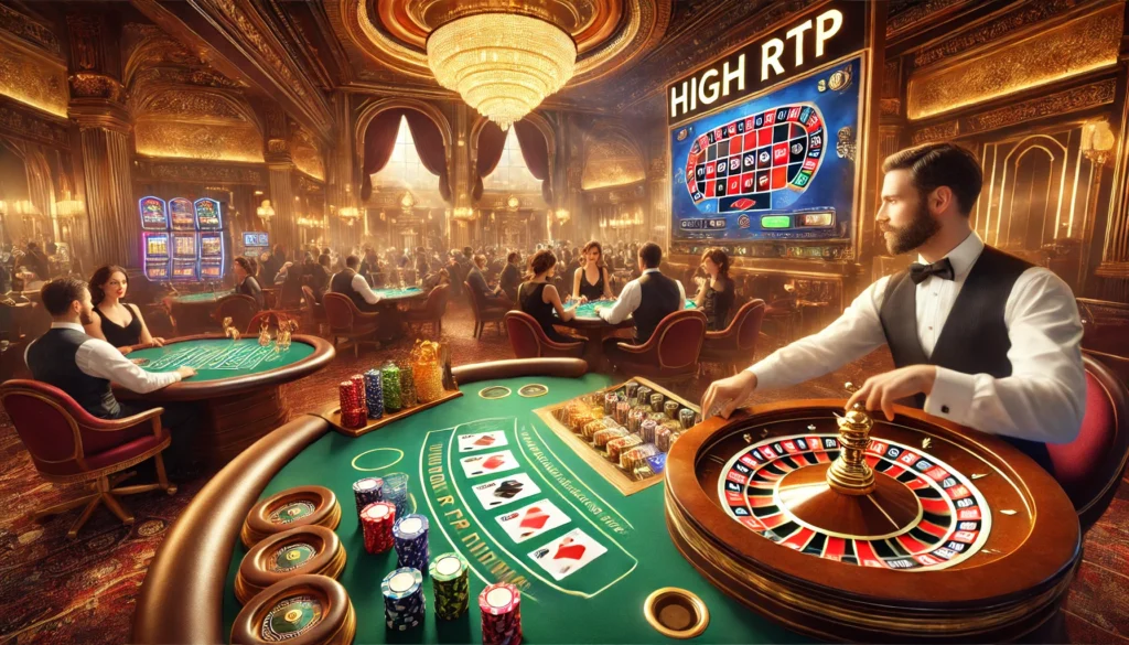 Blackjack, rulet ve video poker gibi yüksek RTP oyunlarının sergilendiği lüks casino ortamı.