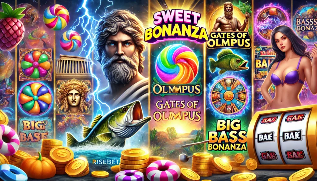 Risebet'teki popüler slot oyunlarını tanıtan görsel; Sweet Bonanza’nın renkli şekerleri, Gates of Olympus’un Zeus’u ve Big Bass Bonanza’nın balıkçı temasıyla dikkat çekiyor.