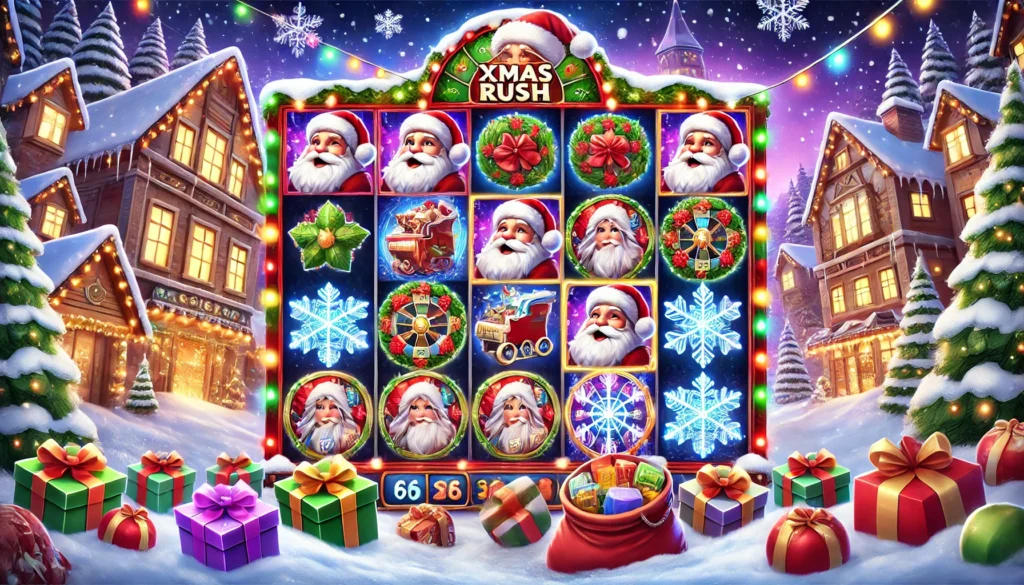 Santa’s Xmas Rush slot oyununu gösteren, Santa Claus, kar taneleri ve hediyelerle dolu 6x6 makara düzeni; karlı bir köy ve yılbaşı ağacı temalı arka plan.