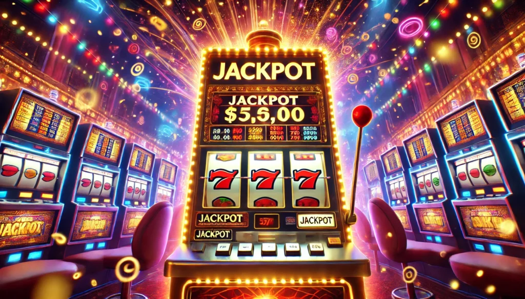 Jackpot kazanan bir slot makinesi, parlak altın ve kırmızı ışıklarla kutlama atmosferini yansıtan canlı bir casino ortamında.